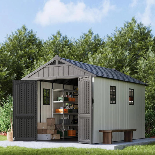 8x12 FT Outdoor Storage Shed, Plastic Shed Resin Garden Shed with Floor Window Lockable Door for Patio Furniture, Backyard Tools
