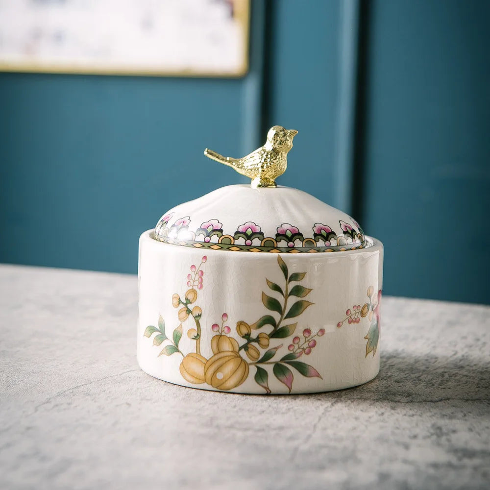 American retro ceramic bird jewelry jewelry storage box European ice cracked porcelain ornament