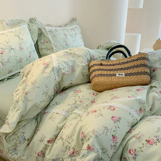 100% Cotton Spring Garden Flowers Botanical Chic Ruffles Soft Comfortable Double Queen (1Duvet Cover+1Bed Sheet+2Pillowcases)