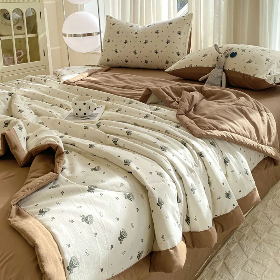 Knitted Cotton Double Gauze Summer Comforter Ultra-Soft Breathable Cooling Blanket Machine Washable Air Conditioner Comforter