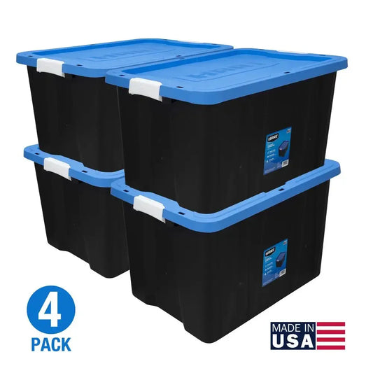 Set of 4 Black Heavy Duty 27 Gallon Stackable Storage Bins with Latching Handles