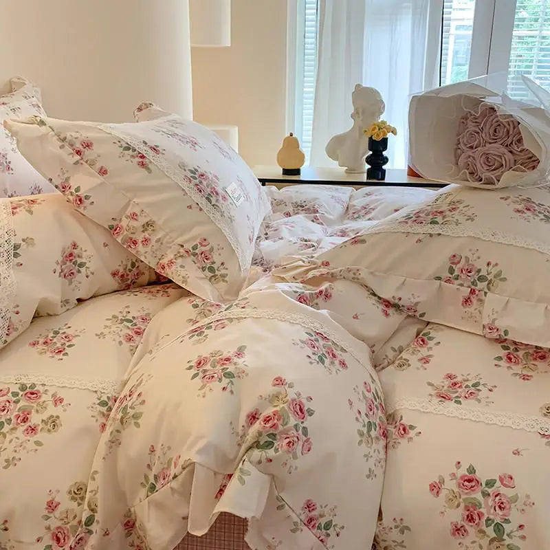 100% Cotton Spring Garden Flowers Botanical Chic Ruffles Soft Comfortable Double Queen (1Duvet Cover+1Bed Sheet+2Pillowcases)