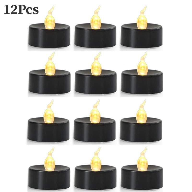 12PCS Flameless Black LED Electronic Candles Battery Operated Yellow Light for Halloween Xmas Wedding Party Decoration