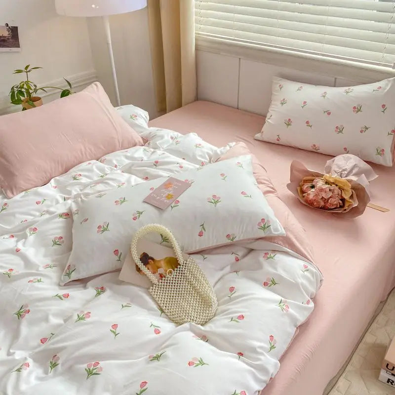Romantic Tulip Pink Bedding Set Bed Flat Sheet Pillowcase Twin Full Queen Princess Style Bed Linen Kids Girls Floral Duvet Cover