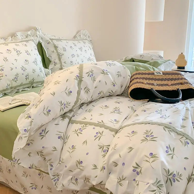 100% Cotton Spring Garden Flowers Botanical Chic Ruffles Soft Comfortable Double Queen (1Duvet Cover+1Bed Sheet+2Pillowcases)