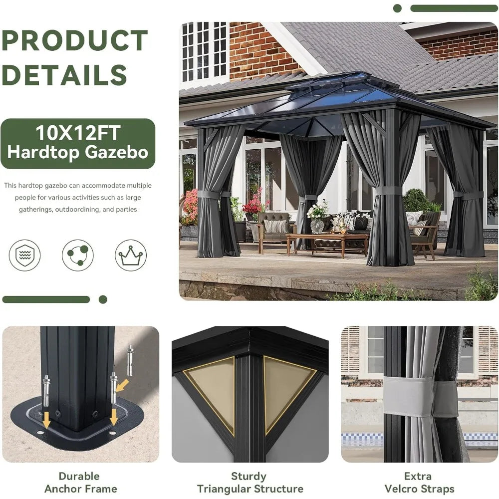 10'x12' Hardtop Gazebo, Aluminum Frame Permanent Pavilion with Curtains and Netting, Outdoor Polycarbonate Double Roof Canopy,