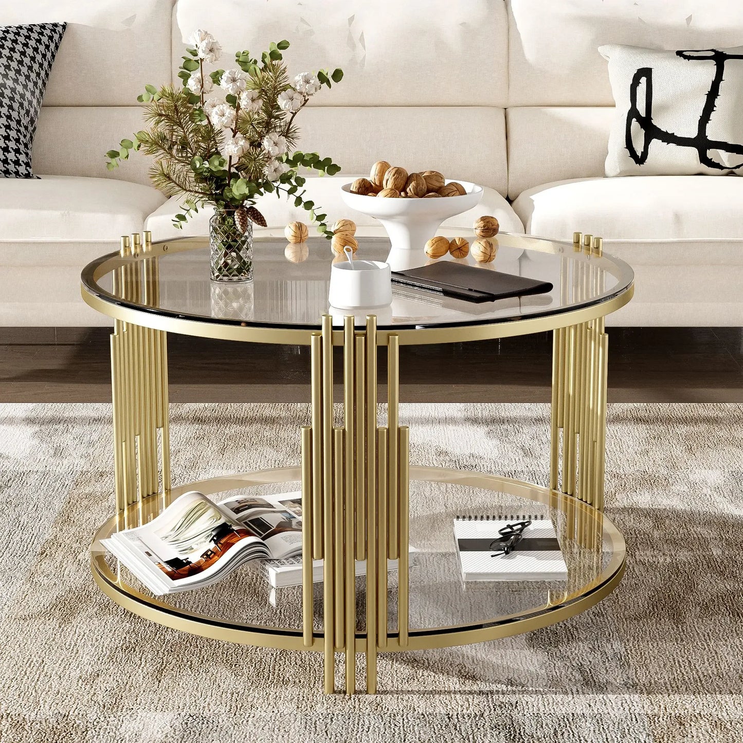 Modern Glass Coffee Table in 31.5", Asymmetrical Metal, Circular Metal Drum Base, Gold Finish & Lower Shelf,Café Tables