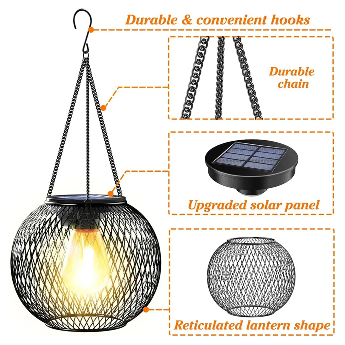 Solar Lantern Led Light Garden Lamps 3000k Daylight Sensor Lights Outdoor Waterproof With Durable Chain For/outdoor Metal Hollow