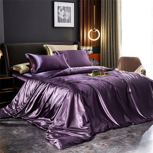 Solid Silk Bedding Set with Duvet Cover Bed Sheet Pillowcases Luxury Satin Single Double Bedsheet King Queen Twin Size