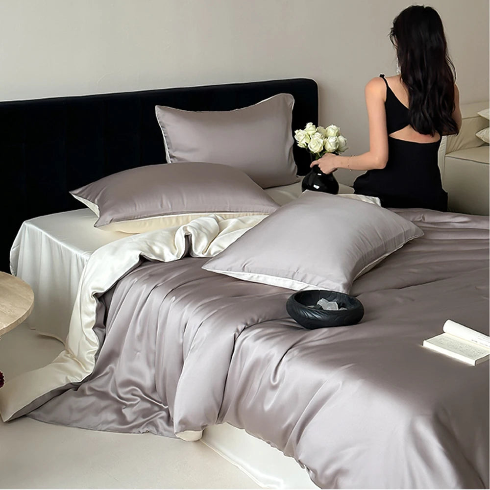 Lofuka Nature 100% Pure Silk Bedding Set Beauty Double Queen King White Blue Quilt Cover Flat Sheet Pillowcase For Healthy Sleep