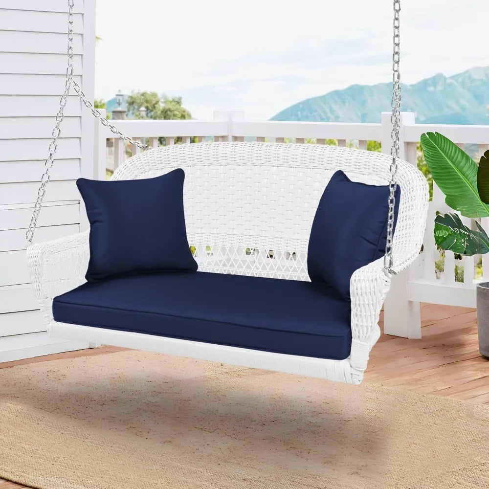 Wicker Porch Swing in White with Blue Cushion