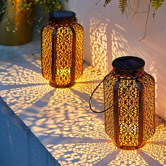 Led Solar Light Solar Hanging Lantern Retro Solar Iron Art Lantern Decorative Vintage Pathway Lamp Outdoor Metal Hollow Light