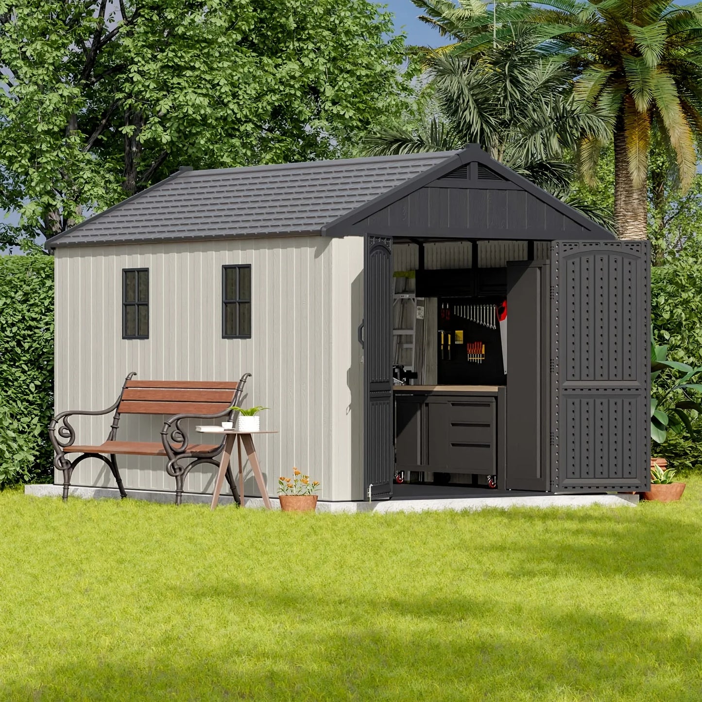 8x12 FT Outdoor Storage Shed, Plastic Shed Resin Garden Shed with Floor Window Lockable Door for Patio Furniture, Backyard Tools