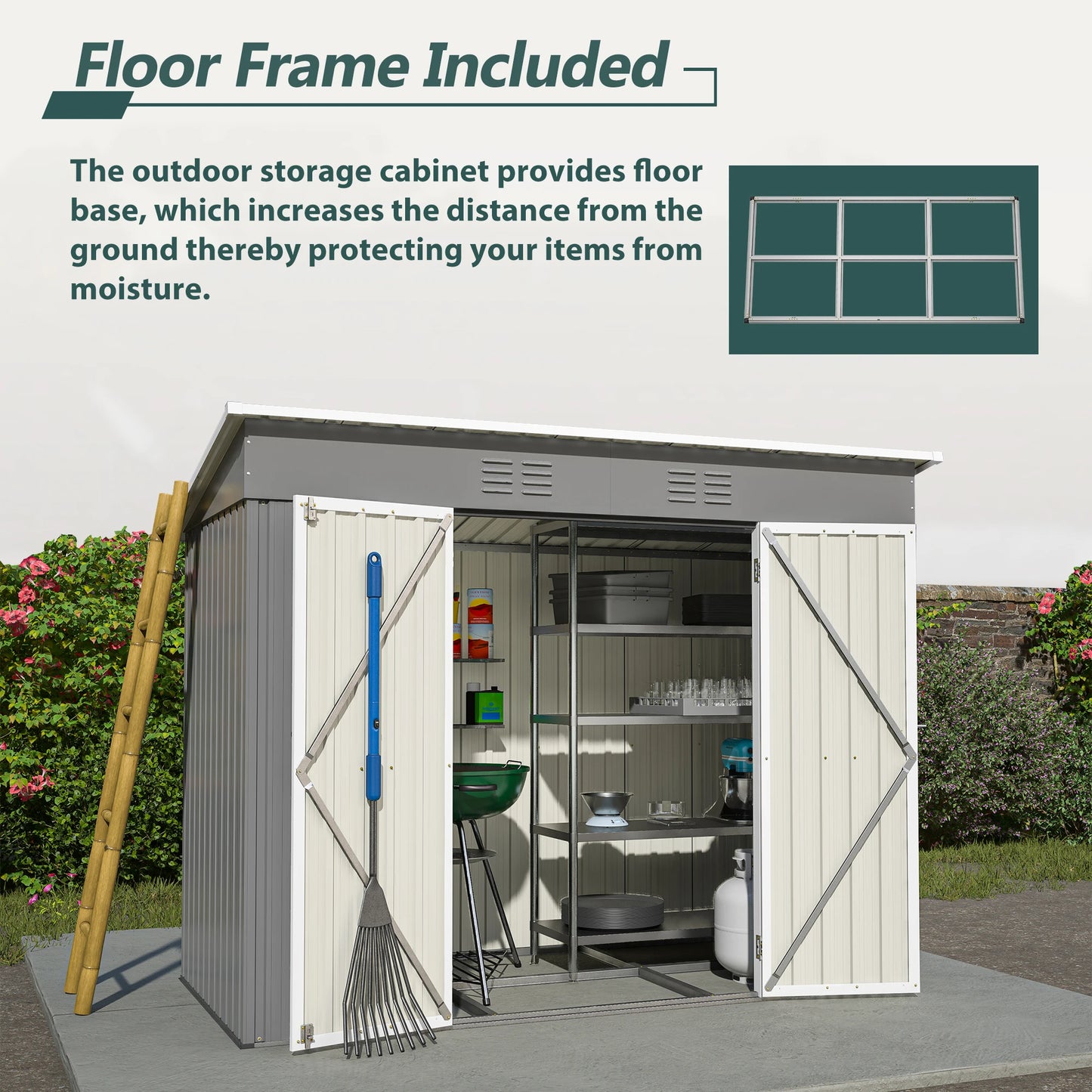 LZBEITEM 4' x 8' Metal Outdoor Storage Shed, Lean to Storage Shed, Garden Tool Storage House with Lockable Door and 2 Air Vents