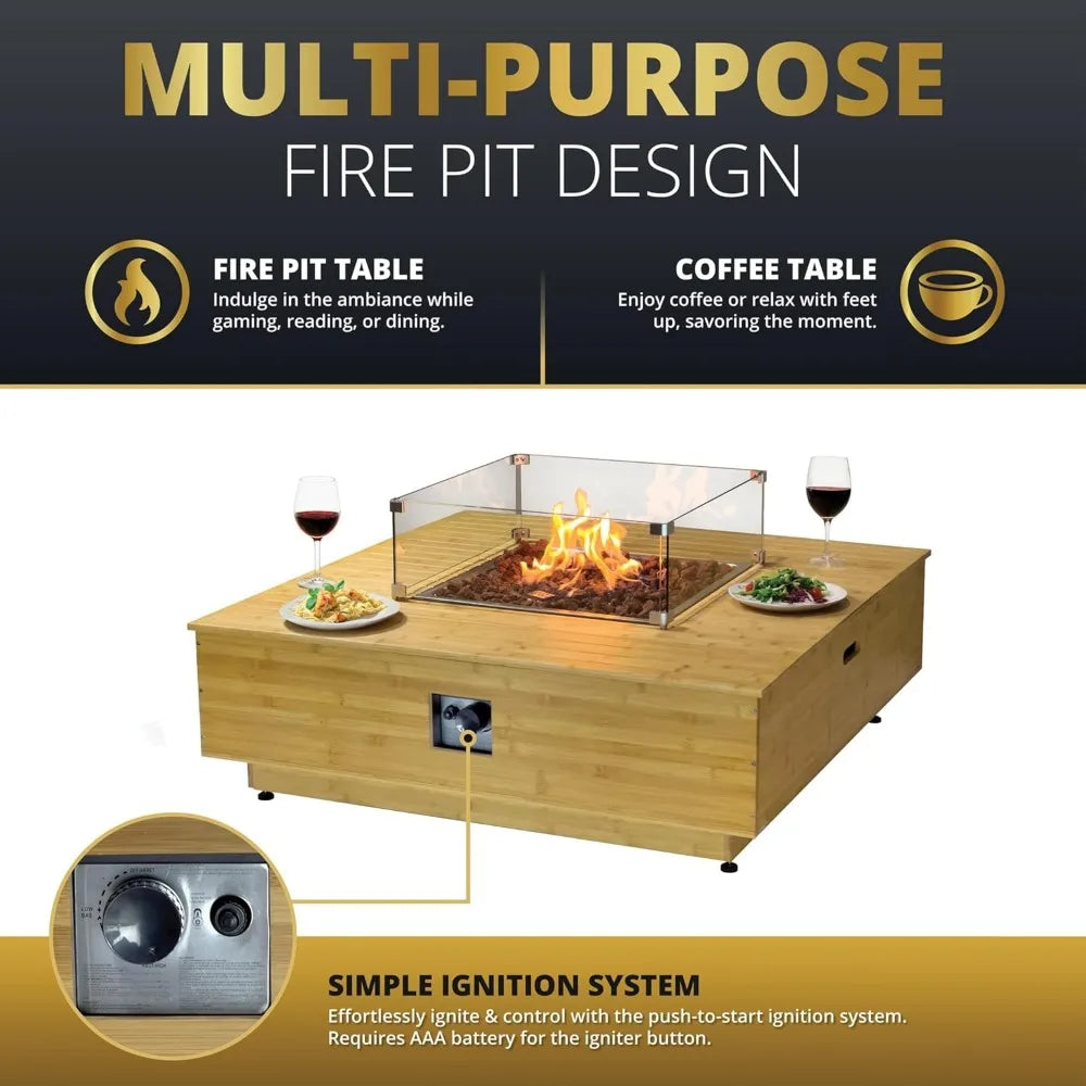 Outdoor Propane Fire Pit Table and Propane Tank Cover Table 43-Inch Square Wood Color Outdoor Fireplaces Includes Lava Rocks for