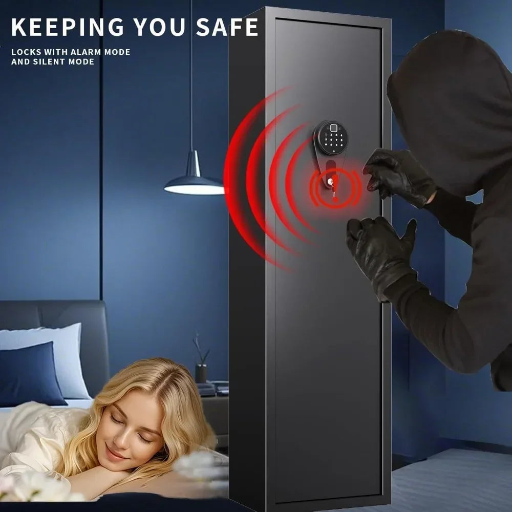 Black Steel Gun Safe with Quick Access Biometric & Key Lock Alarm Adjustable Shelves Gun Racks for 5 Rifles And 3 Pistols