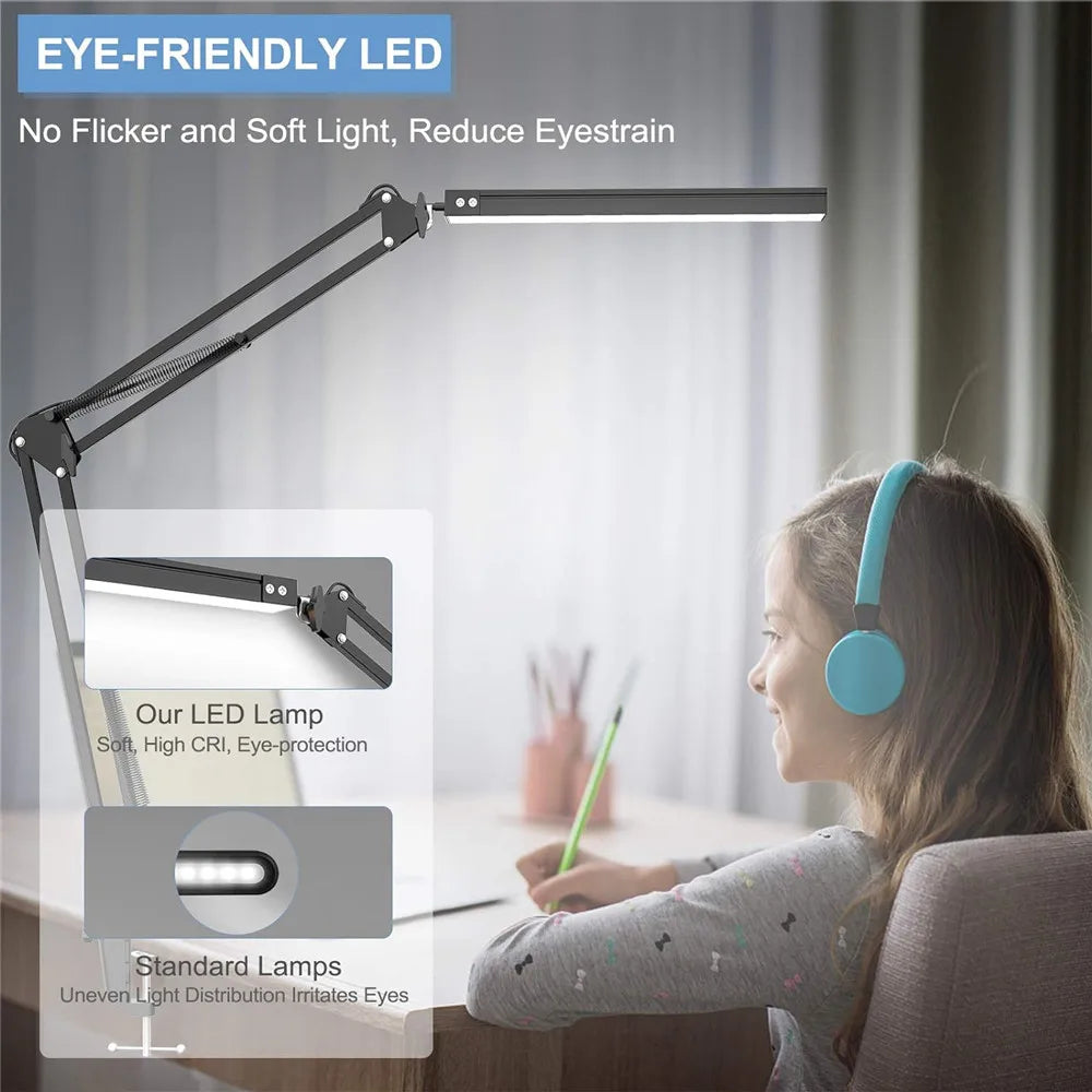 LED Desk Lamp Swing Arm Desk Light with Clamp 3 Lighting 10 Brightness Table Lamp Eye-Caring Reading Desk Lamps for Home Office