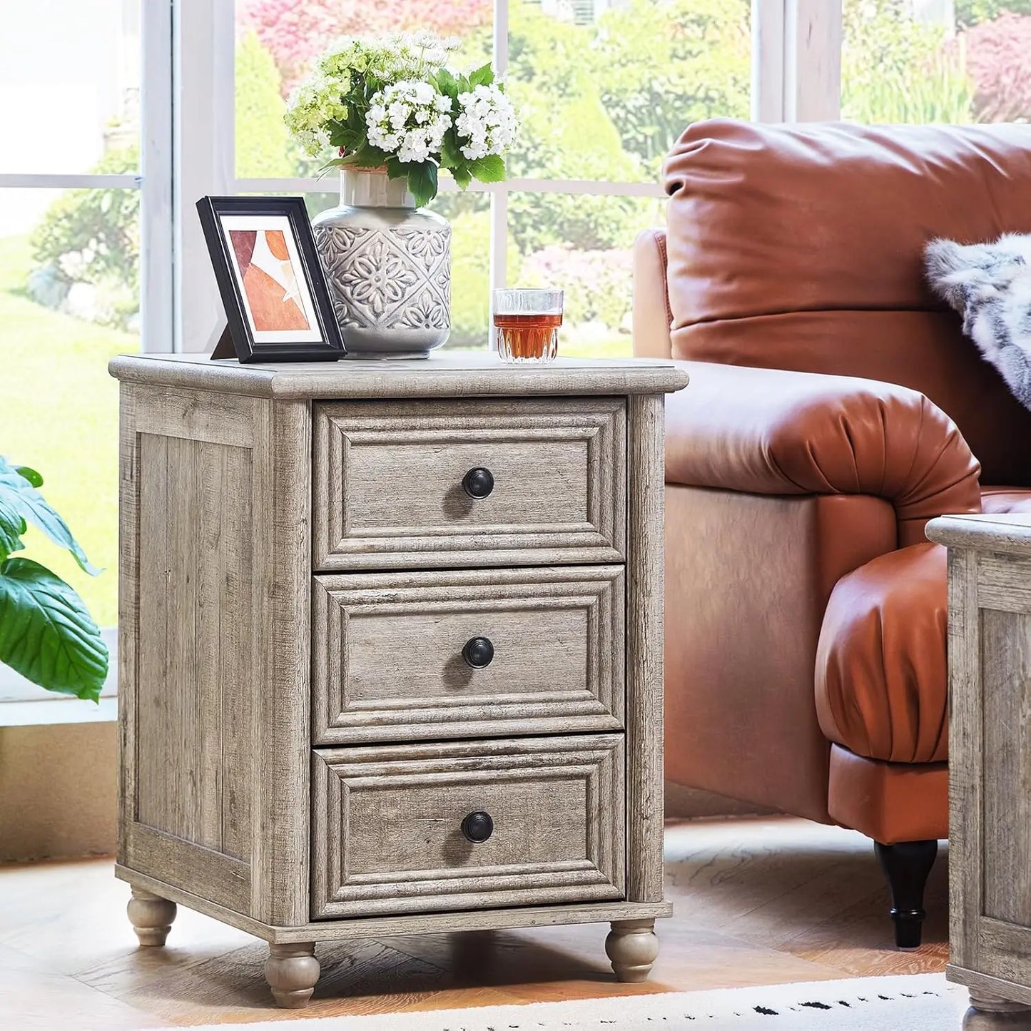 18" Farmhouse Night Stand Set of 2, Gray Wood Nightstand with 3 Drawers, Bedside End Table with Storage and Roman Column