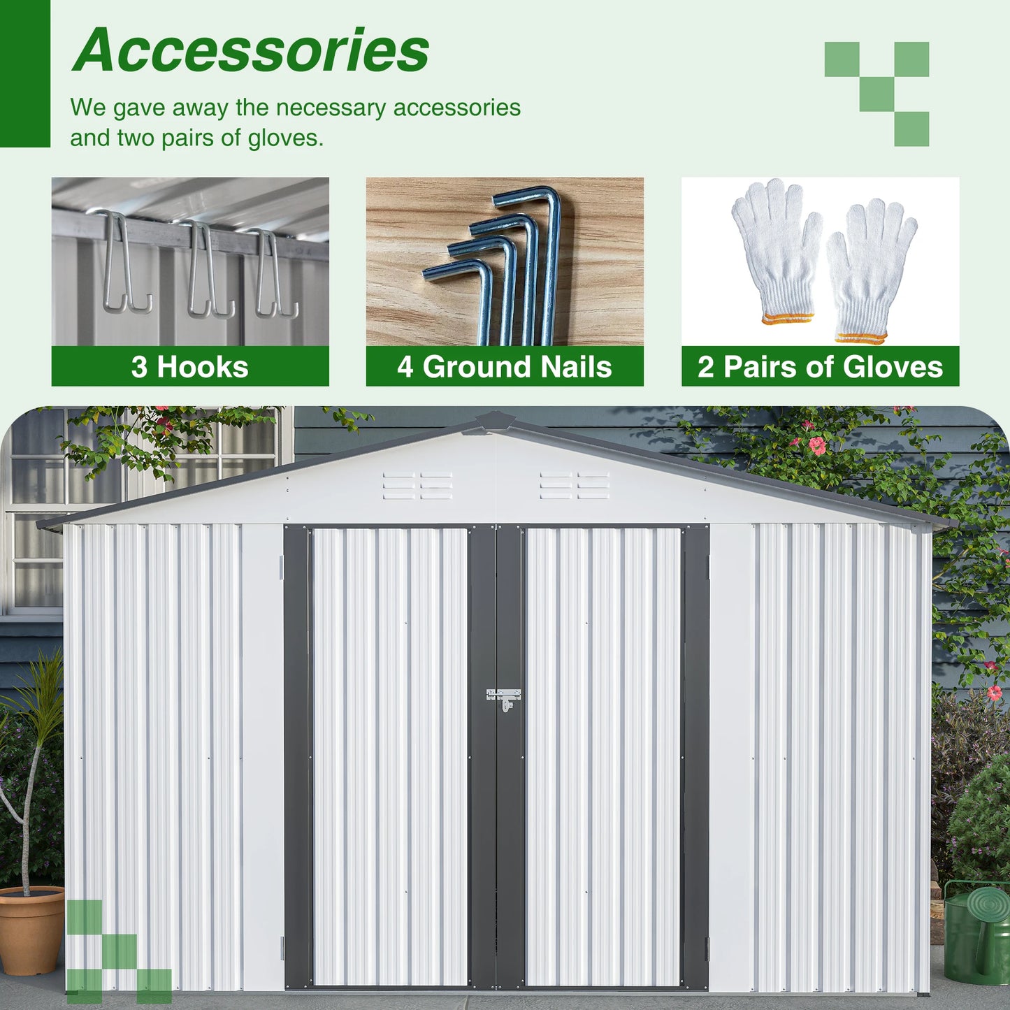 LZBEITEM 10X8 FT Outdoor Storage Shed, All Weather Metal Sheds with Lockable Doors, Tool Shed for Garden, Patio, Backyard, White
