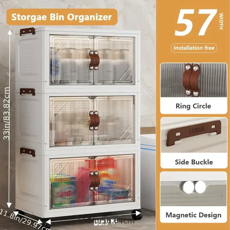 Multi-layer Foldable Double Door Plastic Storage Cabinet with Wheels - Large Capacity Organizer for Bedroom Living Room Kitchen
