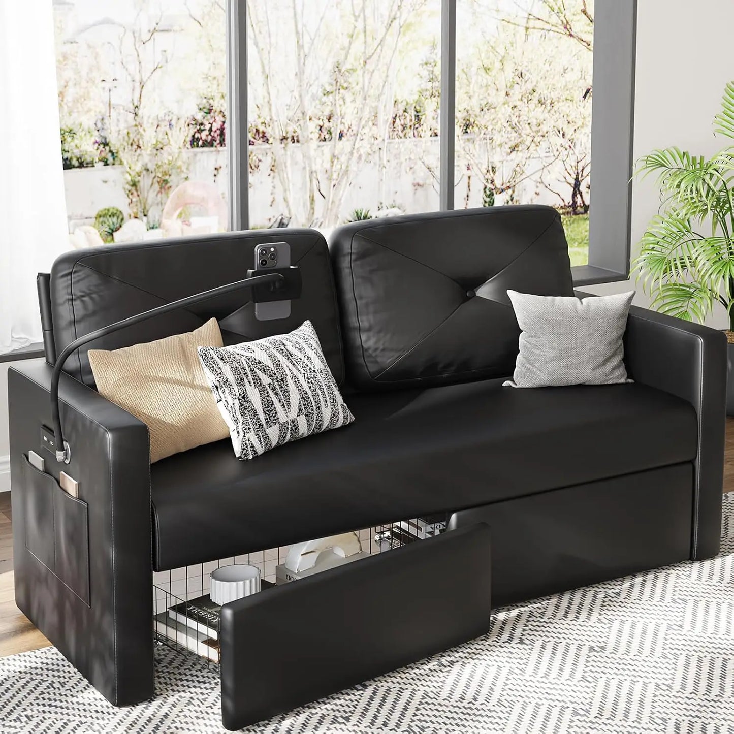 Vabches Leather Loveseat Sofa 2-Seater Sofa with Charging Ports&Storage Comfy Solid Wooden Frame Couches for Living Room Bedroom