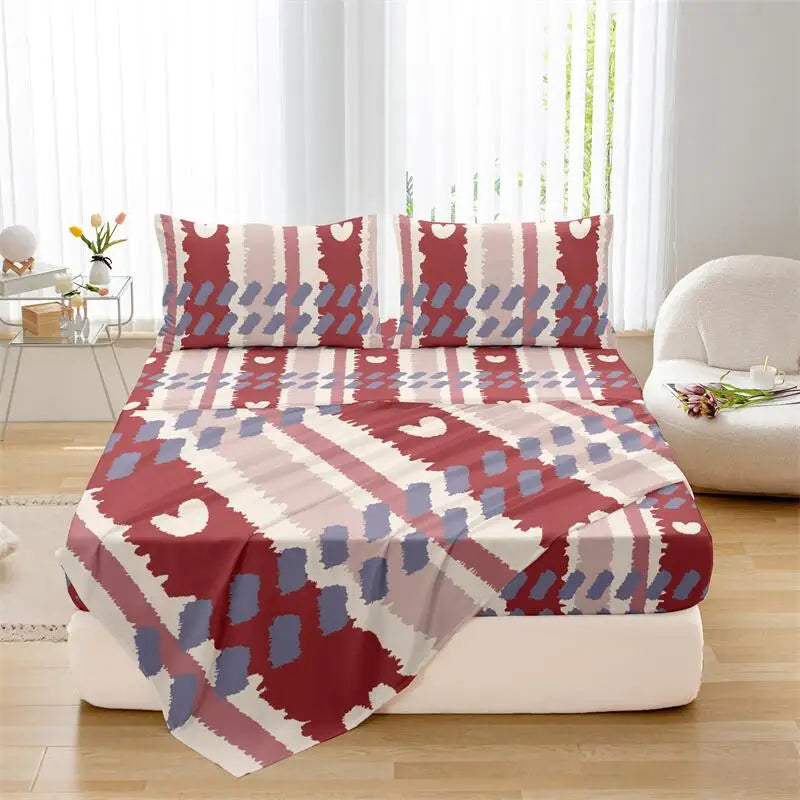 3pcs Valentine's Day Heart Print Bed Canopy Pillowcase Set Romantic Love Theme Red Heart Design Fitted Sheet Suitable for Girls