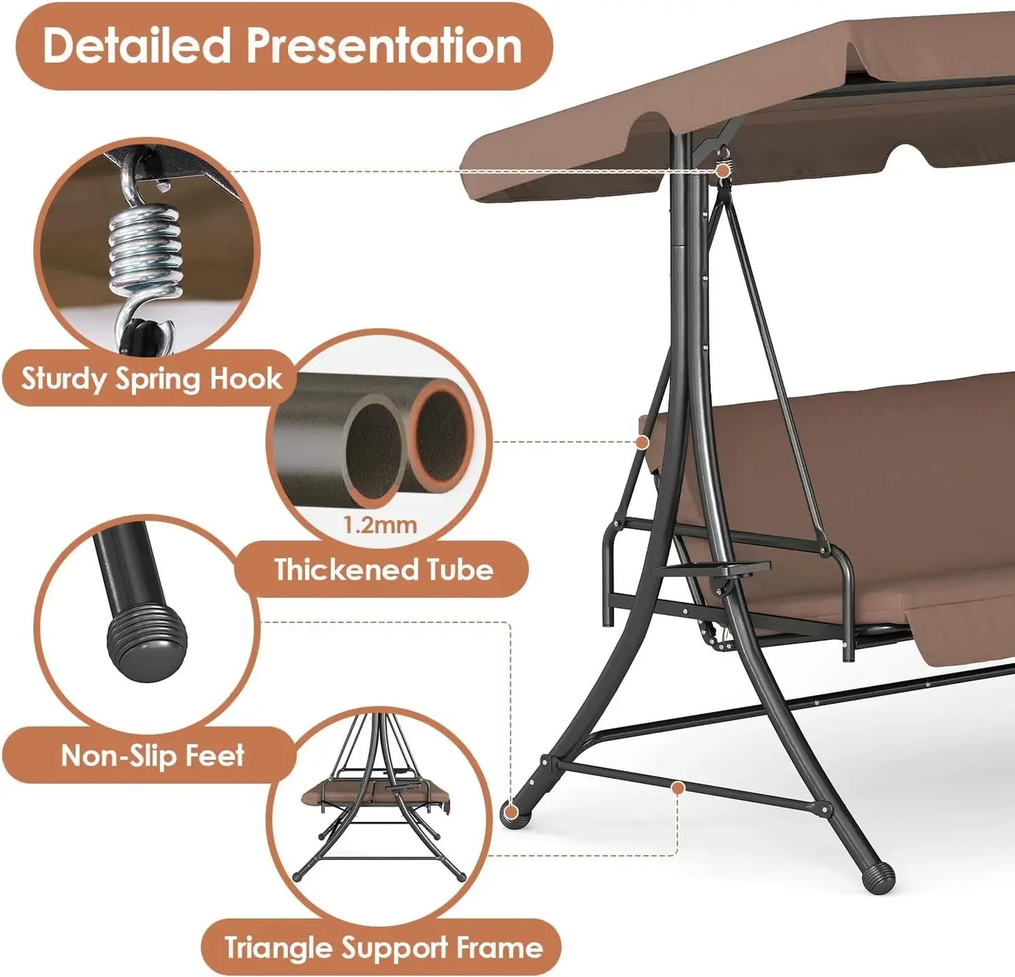2-in-1 Outdoor Patio Swing 3-Seat Porch Swing with Adjustable Canopy and Removable Cushions, Perfect for Patio, Backyard,