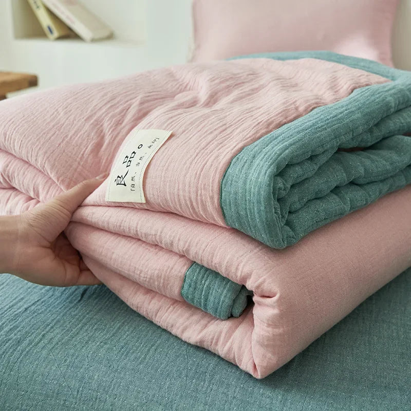 Class A fiber double-layer yarn soybean fiber summer quilt 4-piece set wrinkled yarn air conditioner quilt thin washable quilt