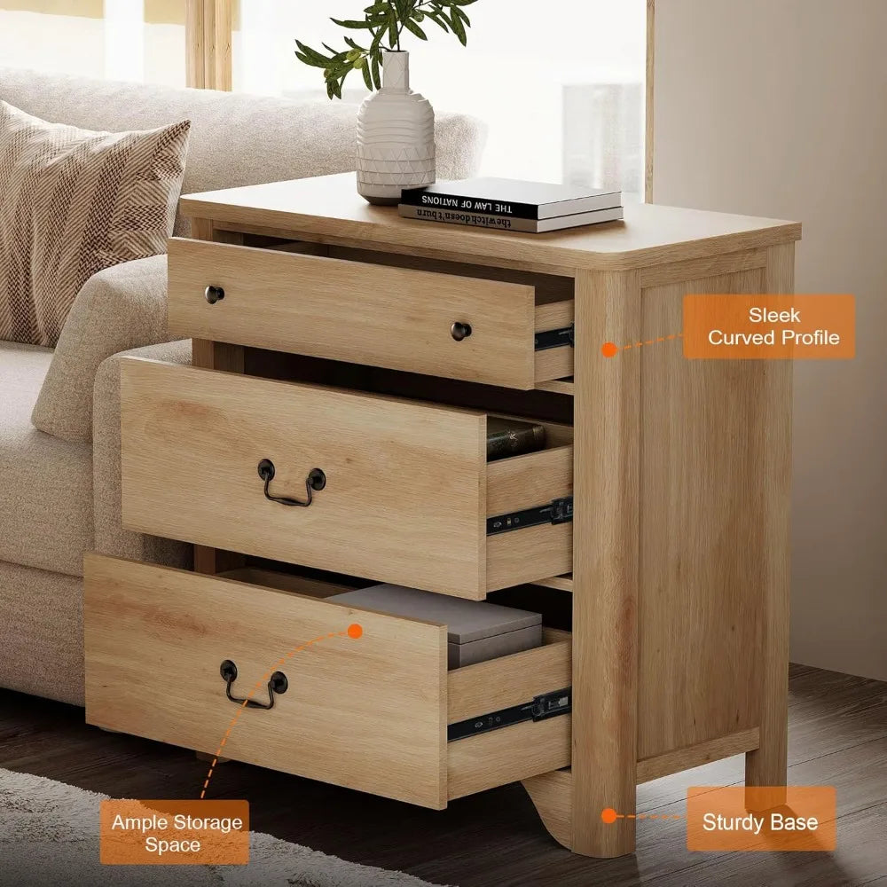 3 Drawer Dresser, 31.5 Inch Wood Nightstand with Storage, Modern Oak Dresser Wood Chest of Drawers with Curved Profile