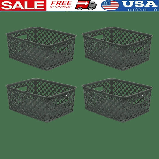 Set of 4 Small Decorative Plastic Storage Baskets with Cut-Out Handles Organizing Toys Tools Pantry Garage and More