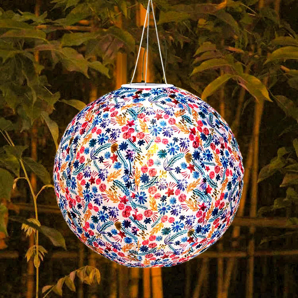 Chinese Round Hanging Lamp, Solar Printed Lantern, Waterproof Nylon LED Light, Outdoor Garden Party Decoration, 12"