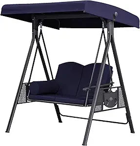 Outdoor Patio Porch Swing Adjustable Backrest, 3-seat Swing Chair with Weather Resistant Steel Frame for Backyard Front Porch L