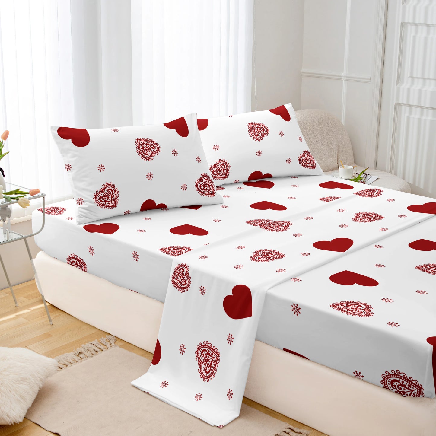3pcs Valentine's Day Heart Print Bed Canopy Pillowcase Set Romantic Love Theme Red Heart Design Fitted Sheet Suitable for Girls
