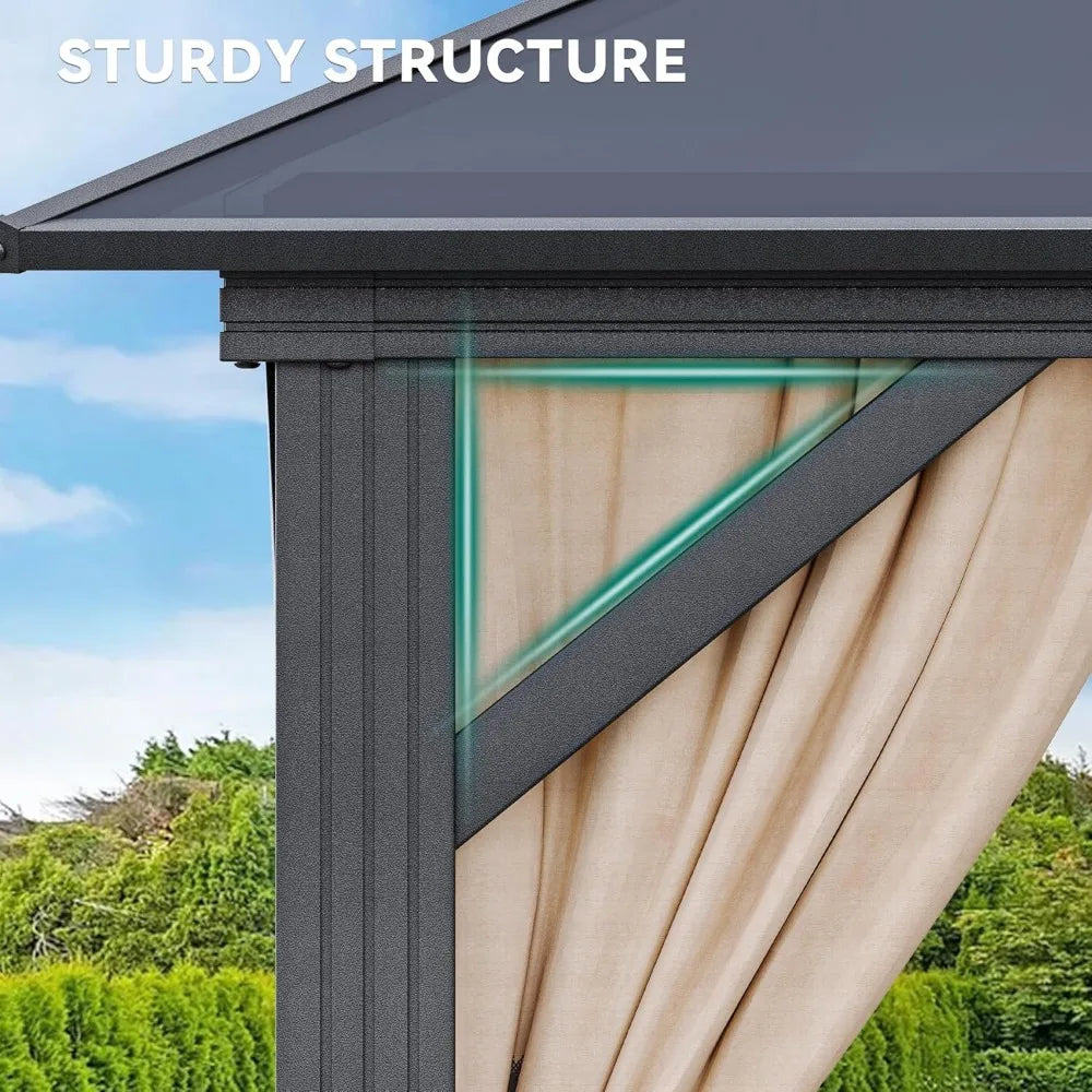 10x12FT Gazebo Hard-Top Double Roof Canopy Outdoor with Netting and Shaded Curtains, Aluminum Frame Polycarbonate Hardtop Garde