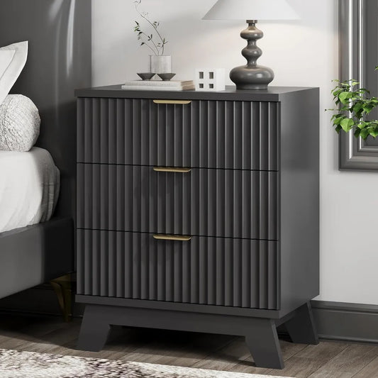Fluted Nightstand, 24" Wide Side Table with 3 Large Storage Drawers, Mid Century Modern Wood Night Stand with Metal Handle, Wood