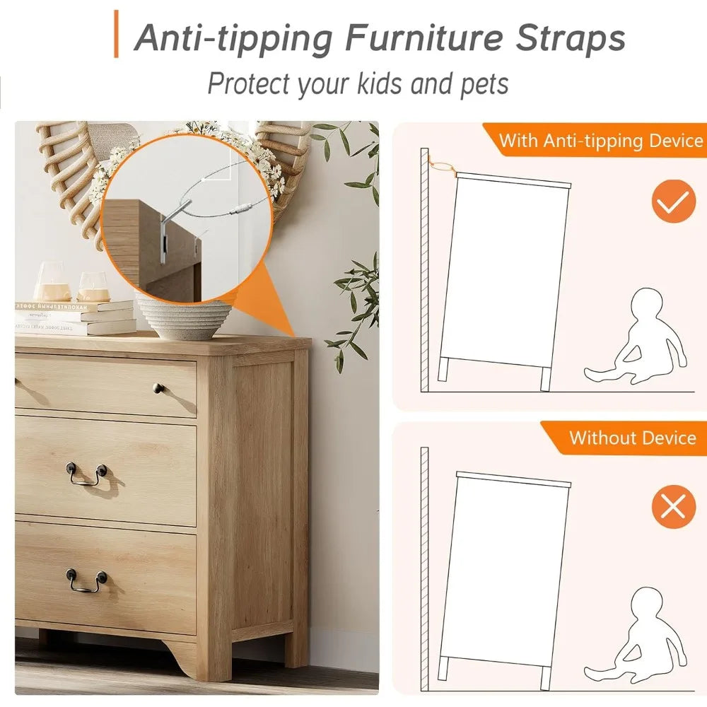 3 Drawer Dresser, 31.5 Inch Wood Nightstand with Storage, Modern Oak Dresser Wood Chest of Drawers with Curved Profile