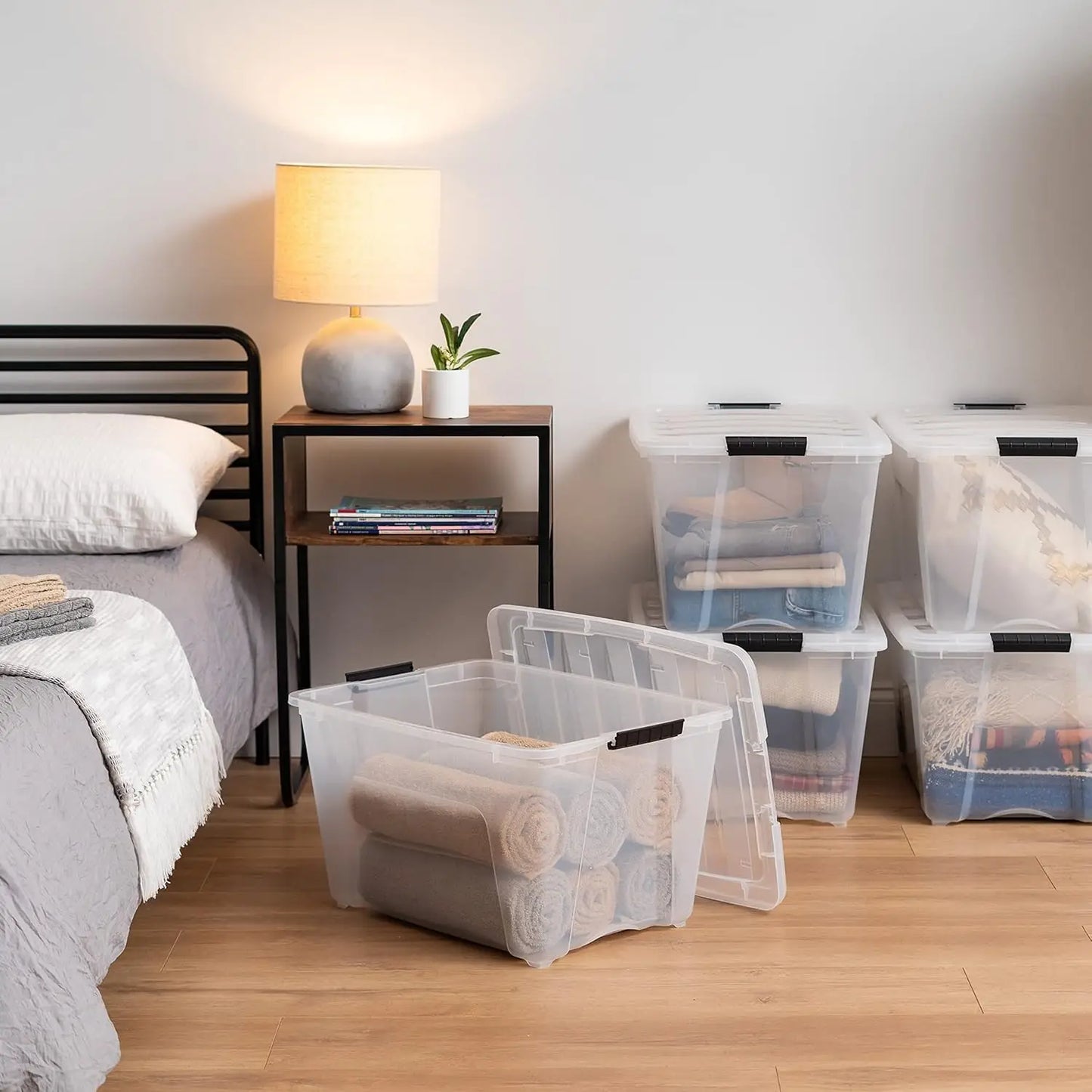 54 Qt Stackable Plastic Storage Bins with Lids, 6 Pack - BPA-Free, Made in USA - See-Through Organizing Solution,