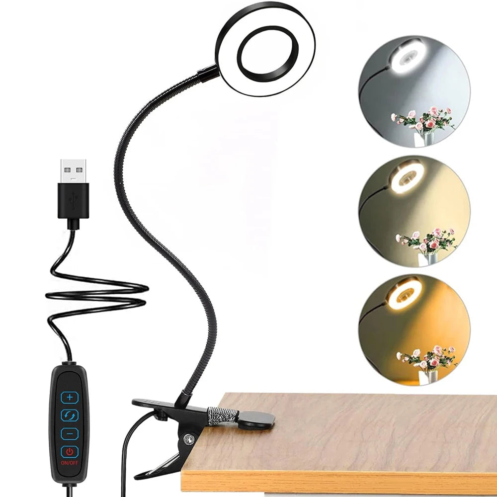 LED Reading Lights 360°Flexible Gooseneck Dimmable Table Lamp Clip On Indoor Bedroom Eye Protection Desk Light Book Clamp Lamp