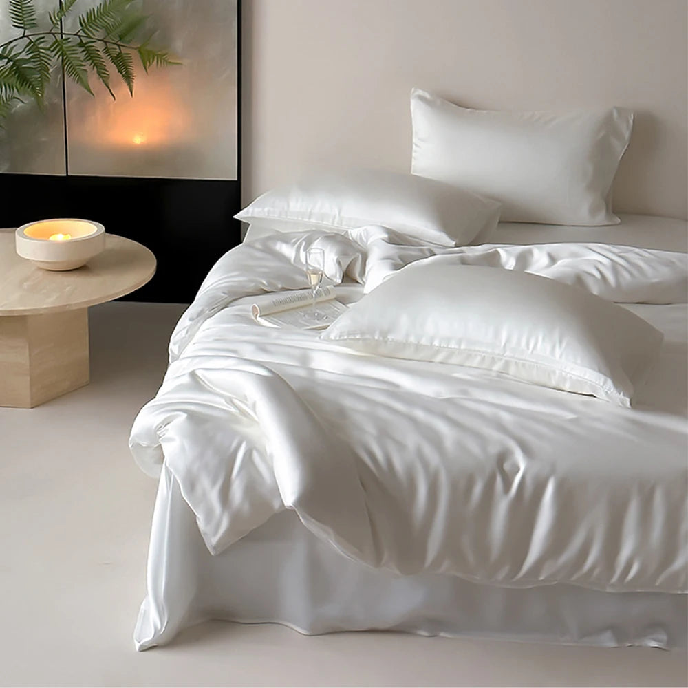 Lofuka Nature 100% Pure Silk Bedding Set Beauty Double Queen King White Blue Quilt Cover Flat Sheet Pillowcase For Healthy Sleep