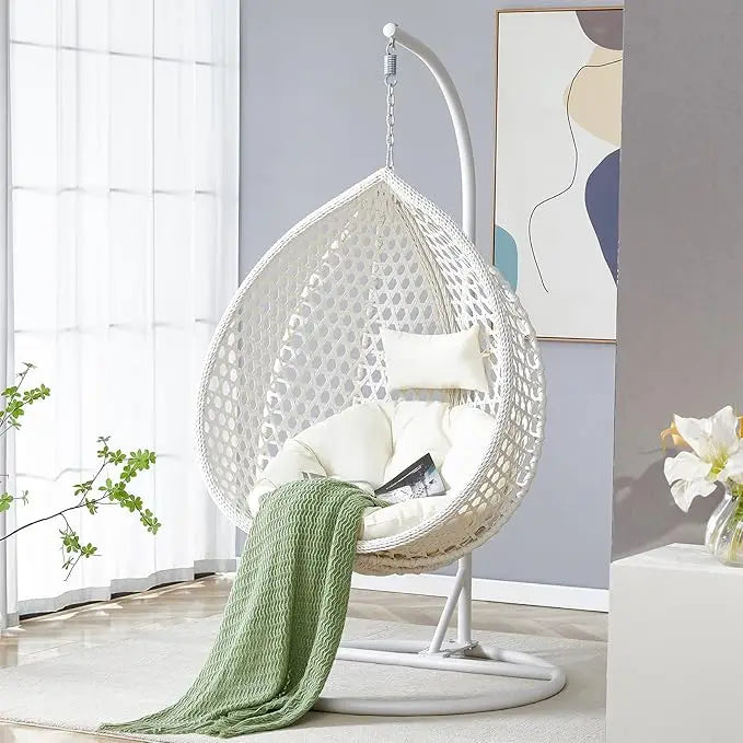 Standing vine hanging egg swing chair, foldable basket indoor or outdoor, cushion and pillow relaxation swing chair