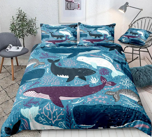 Ocean Duvet Cover Set Blue Whale Bedding Set Sea Animal Bed Linen Striped Beds Set Kids Teens Home Textile Microfiber Bedclothes