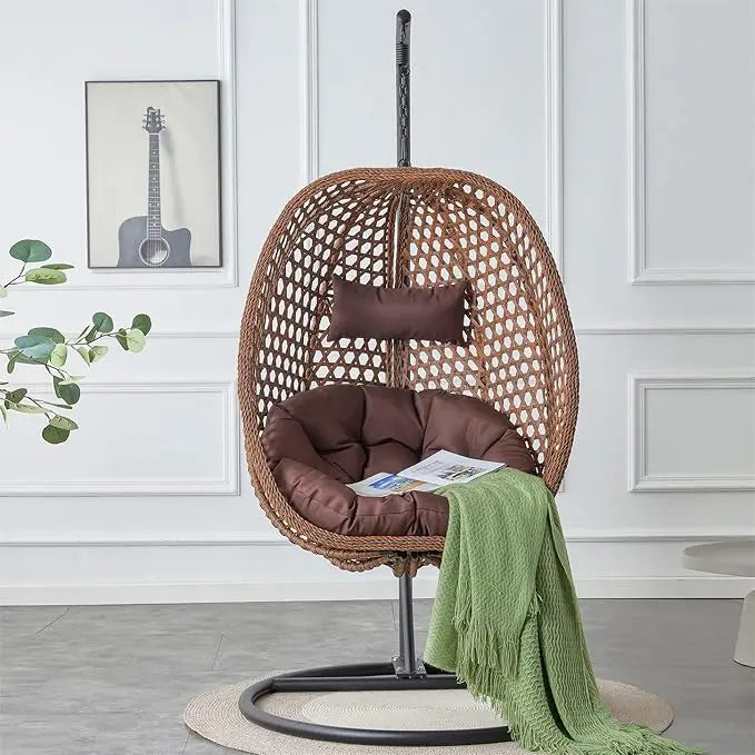 Standing vine hanging egg swing chair, foldable basket indoor or outdoor, cushion and pillow relaxation swing chair