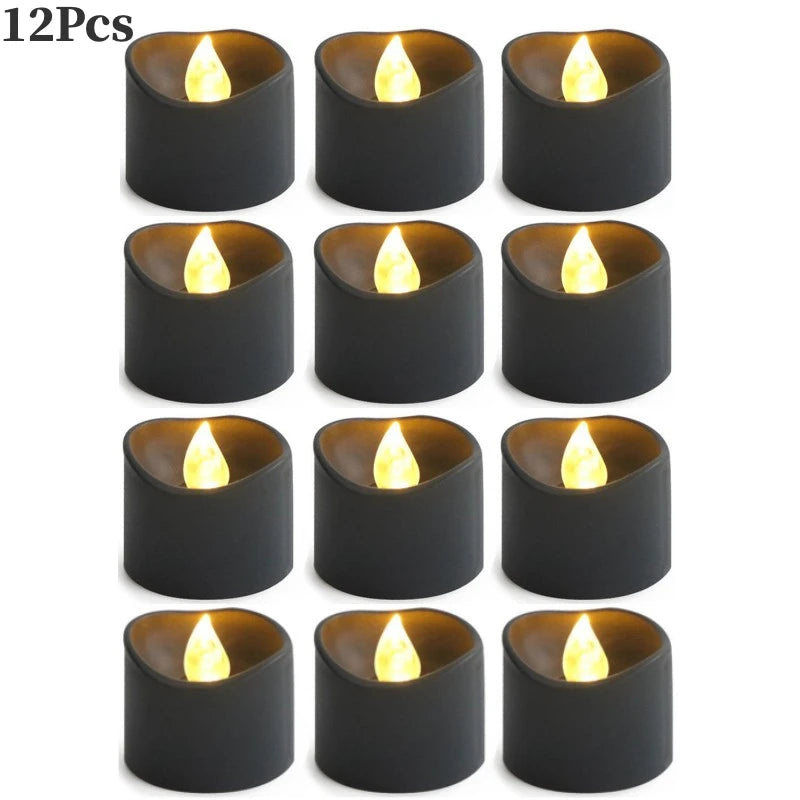 12PCS Flameless Black LED Electronic Candles Battery Operated Yellow Light for Halloween Xmas Wedding Party Decoration