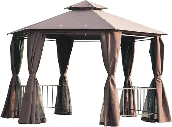 13' x 13' Patio Gazebo, Double Roof Hexagon Outdoor Gazebo Canopy Shelter with Netting & Curtains, Solid Steel Frame for Garden