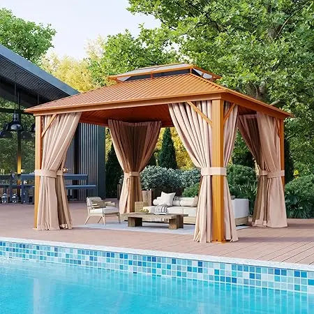 10'x12' Hardtop Gazebo, Aluminum Frame Permanent Pavilion with Curtains and Netting, Outdoor Polycarbonate Double Roof Canopy,
