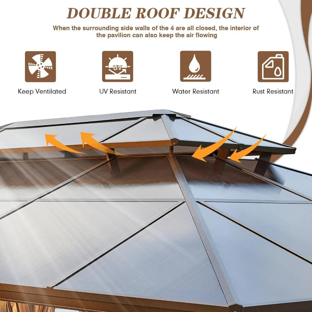 12'x16' Gazebo Polycarbonate Double Roof Pavilion Gazebo Outdoor Aluminum Frame Canopy with Netting and Curtains for Garden Pat