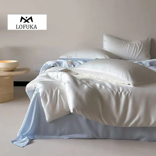 Lofuka Nature 100% Pure Silk Bedding Set Beauty Double Queen King White Blue Quilt Cover Flat Sheet Pillowcase For Healthy Sleep