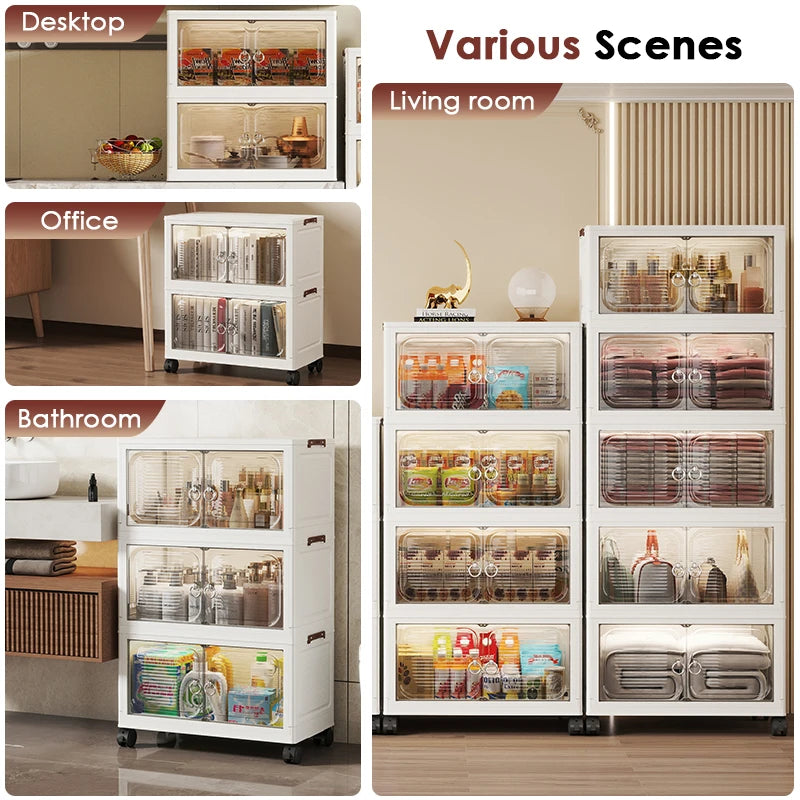 Multi-layer Foldable Double Door Plastic Storage Cabinet with Wheels - Large Capacity Organizer for Bedroom Living Room Kitchen