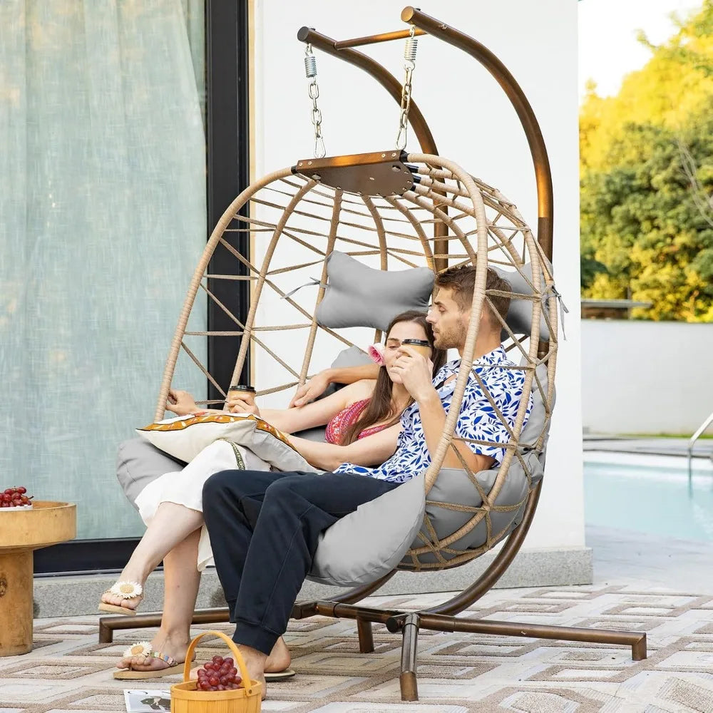 Double Egg Chair Outdoor Indoor, Oversized 2 Person Swing with Stand, All-Weather Wicker Hanging Loveseat, 700 LBS Heavy Duty P
