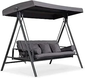 Outdoor Patio Porch Swing Adjustable Backrest, 3-seat Swing Chair with Weather Resistant Steel Frame for Backyard Front Porch L